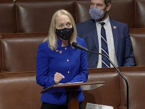 In this image from video, Rep. Mary Gay Scanlon, D-Pa., speaks as the House debates the objection to confirm the Electoral College vote from Pennsylvania, at the U.S. Capitol early Thursday, Jan. 7, 2021.