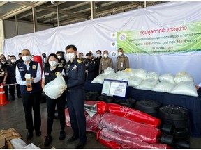 Officials show amphetamine that was hidden in punching bags bound for Australia, seized in a Thailand port, in Bangkok, Thailand December 23, 2021.