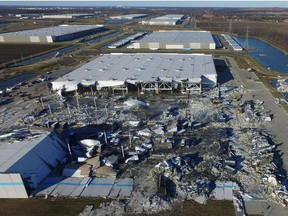 The site of a roof collapse at an Amazon.com distribution center a day after a series of tornadoes dealt a blow to several U.S. states, in Edwardsville, Illinois, U.S. December 11, 2021.