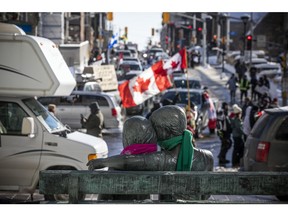 Thousands gathered in the downtown core for a protest in connection with the Freedom Convoy that made their way from various locations across Canada and landed in Ottawa, Jan. 29, 2022.