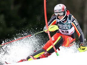 Canadian Ali Nullmeyer competes in the first run of the women's FIS Alpine Skiing slalom event at Sljeme Mountain near Zagreb.