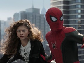 MJ (Zendaya) prepares to freefall with Spider-man in Columbia Pictures' SPIDER-MAN: NO WAY HOME.