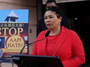 San Francisco Mayor London Breed speaks at a news conference about crime against Asian Americans and Pacific Islanders in San Francisco, California, U.S. January 25, 2022.