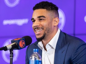 New Edmonton Oilers forward Evander Kane answers questions at Rogers Place in Edmonton on Friday, Jan. 28, 2022.