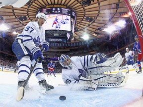 Toronto Maple Leafs goalie Jack Campbell gives up a third period goal to Chris Kreider of the New York Rangers.
