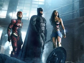 L to R: Ezra Miller(Flash); Ben Affleck (Batman) and Gal Gadot (Wonder Woman) in Zack Snyder's four-hour director's cut of Justice League.