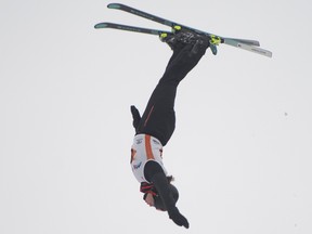 Marion Thenault  of Sherbrooke, Que. jumps to a second place finish at the women's Freestyle ski world cup aerials in Lac Beauport, Quebec.