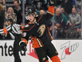 Anaheim Ducks right winger Troy Terry celebrates after a goal in the second period of the game against the New York Rangers at Honda Center.