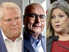 Desde la izquierda, el primer ministro Doug Ford, el líder liberal Steven Del Duca y la líder del NDP, Andrea Horwath.