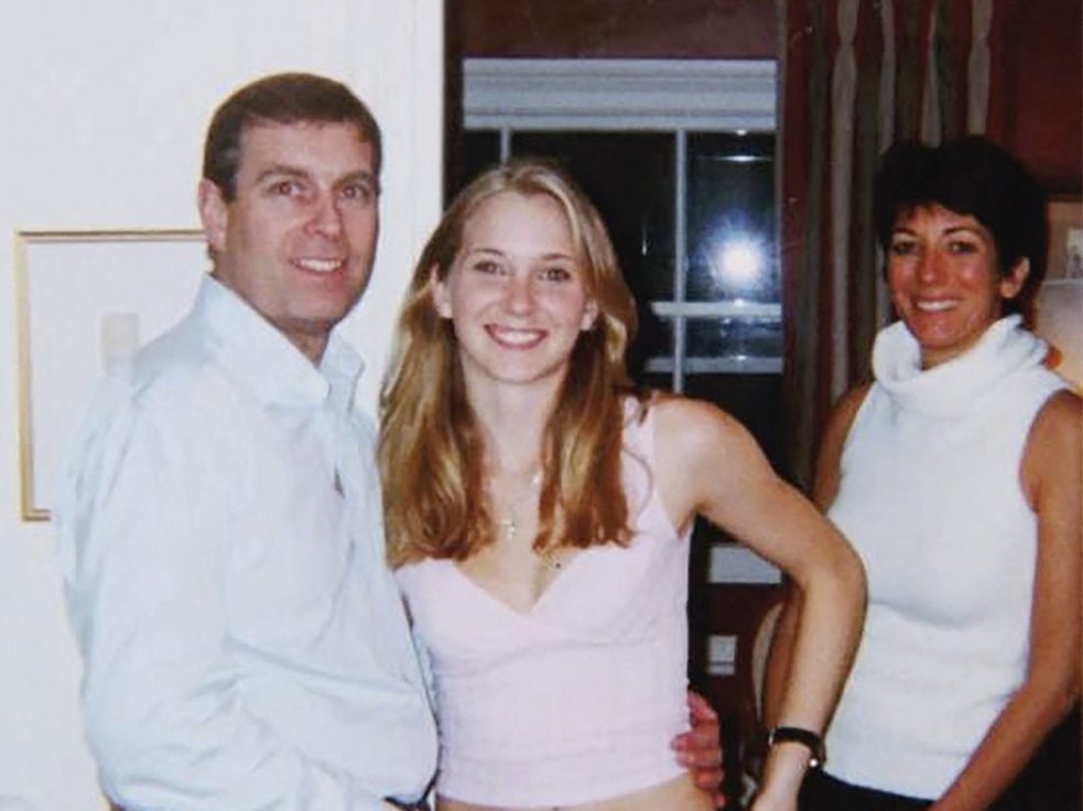  An undated handout photo taken at an undisclosed location and released on Aug. 9, 2021 by the United States District Couty for the Southern District of New York shows (left to right) Prince Andrew, Virginia Giuffre, and Ghislaine Maxwell posing for a photo.