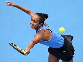 Canada's Leylah Fernandez hits a return against Australia's Maddison Inglis during their women's singles match on day two of the Australian Open tennis tournament in Melbourne on January 18, 2022.