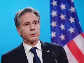 In this file photo taken on Jan. 20, 2022, U.S. Secretary of State Antony Blinken addresses a press conference after meeting with his counterparts from Germany, France and Britain at the German Foreign Office in Berlin.