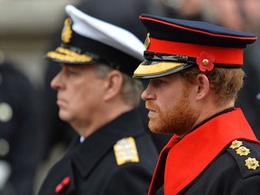 Britain's Prince Andrew and Britain's Prince Harry attend the Remembrance Sunday ceremony at the Cenotaph on Whitehall, London, on November 8, 2015.