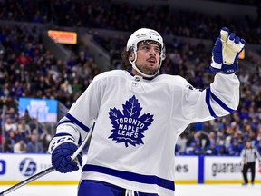 Maple Leafs centre Auston Matthews reacts after scoring a game-tying goal against the St. Louis Blues on Saturday night. If Matthews scores in the Leafs’ next game, in New York against the Rangers on Wednesday, he will have at least one goal in 11 consecutive road games.