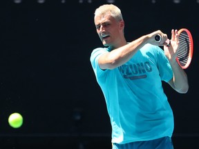 Bernard Tomic of Australia plays a forehand during a practice session ahead of the 2022 Australian Open at Melbourne Park on Jan. 10, 2022 in Melbourne, Australia.