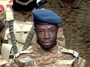Captain Sidsore Kader Ouedraogo, spokesman for the Patriotic Movement for Safeguarding and Restoration, announces that the army has taken control of Burkina Faso, in Ouagadougou,  Monday, Jan. 24, 2022.