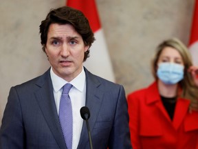 Prime Minister Justin Trudeau speaks during a news conference about Canada's military support for Ukraine, in Ottawa January 26, 2022.