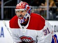 Carey Price of the Montreal Canadiens looks on against the Vegas Golden Knights during the 2021 Stanley Cup Playoffs at T-Mobile Arena on June 16, 2021 in Las Vegas.