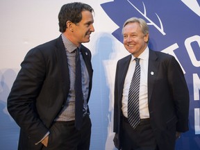 Michael Friisdahl (right), president and CEO of Maple Leaf Sports and Entertainment, and Brendan Shanahan, president of Toronto Maple Leafs, at a Legends Row unveiling ceremony of new statues to celebrate on October 13, 2016.  THE CANADIAN PRESS/Chris Young