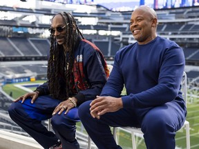 Snoop Dogg and Dr. Dre are interviewed for the Pepsi Super Bowl LVI Halftime Show announcement at SoFi Stadium on Wednesday, Sept. 29, 2021, in Inglewood, Calif.
