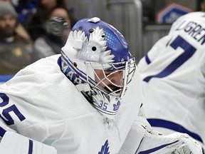 Toronto Maple Leafs goaltender Petr Mrazek makes a save against the New York Islanders in the second period of an NHL hockey game Saturday, Jan. 22, 2022, in Elmont, N.Y.