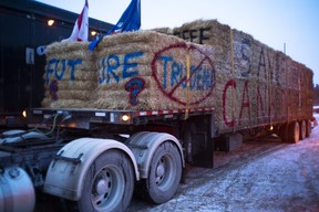 Protesters and supporters against a COVID-19 vaccine mandate for cross-border truckers cheer as a parade of trucks and vehicles arrive in Thunder Bay, Ont. on Wednesday, January 26, 2022.