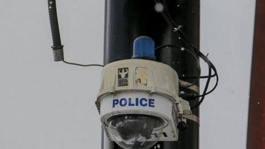 A Toronto Police CCTV camera is pictured on a city street.