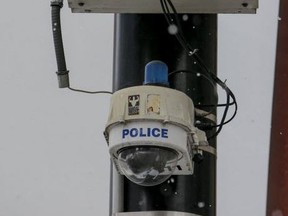 A Toronto Police CCTV camera is pictured on a city street.