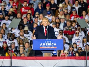 Former U.S. President Donald Trump speaks during the 'Save America' rally at the Montgomery County Fairgrounds in Conroe, Texas, Saturday, Jan. 29, 2022.