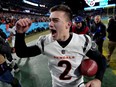 Cincinnati Bengals kicker Evan McPherson celebrates after kicking the game-winning 52-yard field goal to defeat the Tennessee Titans 19-16 during the AFC Divisional playoff football game at Nissan Stadium in Nashville, Tenn., Jan. 22, 2022.