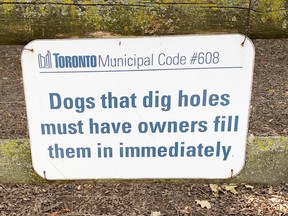 A City of Toronto sign about dogs and holes in parks that caught the attention of Merriam-Webster Dictionary.