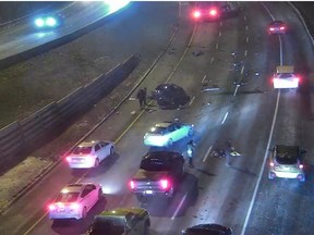 A multi-vehicle crash in the southbound lanes of the DVP near Don Mills Rd. on Friday, Jan. 7, 2022.