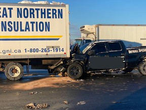 A collision on Hwy. 400 southbound approaching Hwy. 401 on Tuesday, Jan. 18, 2022 left a driver with serious injuries, OPP say.