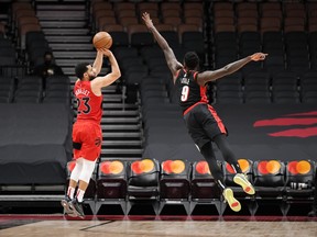 Raptors' Fred VanVleet shoots over Nassir Little of the Portland Trail Blazers during the first half at Scotiabank Arena on Sunday, Jan. 23, 2022 in Toronto.
