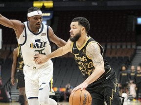 Toronto Raptors guard Fred VanVleet (right) drives to the net against the Utah Jazz in a game at Scotiabank Arena last week. Coach Nurse is looking to give VanVleet some much needed rest during games.
