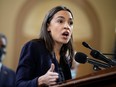 Rep. Alexandria Ocasio-Cortez (D-NY) speaks during a news conference to discuss legislation that would strengthen Social Security benefits, on Capitol Hill October 26, 2021 in Washington, DC. (Photo by Drew Angerer/Getty Images)