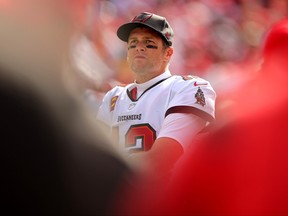 Tom Brady of the Tampa Bay Buccaneers looks on against the Philadelphia Eagles in the first half of the NFC wild card playoff game at Raymond James Stadium on Jan. 16, 2022 in Tampa, Fla.