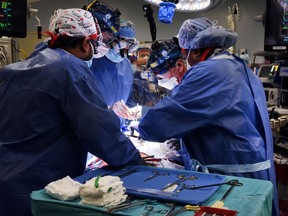 Surgeon Bartley P. Griffith, MD leads a team conducting a successful transplant of a genetically-modified pig heart on David Bennett, a 57-year-old patient with terminal heart disease, at University of Maryland Medical Center in Baltimore January 7, 2022.