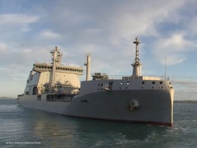 HMNZS Aotearoa departs to provide disaster relief and assistance to Tonga after a volcanic eruption and tsunami, from Auckland, New Zealand, Tuesday, Jan. 18, 2022, in this still image taken from video.