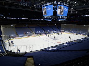 A general view of Scotiabank Arena in Toronto during the third period of a game between the Edmonton Oilers and Toronto Maple Leafs played under COVID-19 restrictions on Jan. 5, 2022.