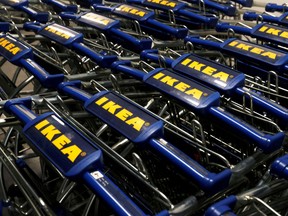 The IKEA logo is seen on shopping carts inside an IKEA store, December 17, 2020.