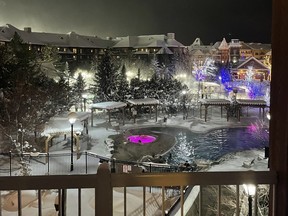 A breathtaking night view of the village of Blue Mountain from the Westin Trillium pool.