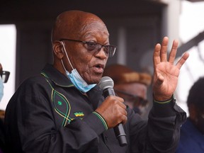 Former South African president Jacob Zuma speaks to supporters who gathered at his home in Nkandla, South Africa, July 4, 2021.
