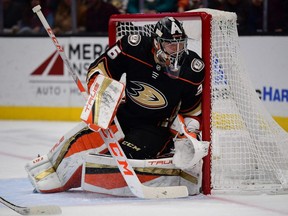 Ducks goaltender John Gibson defends the net against the Flyers during the first period NHL action at Honda Center in Anaheim, Tuesday, Jan. 4, 2022.