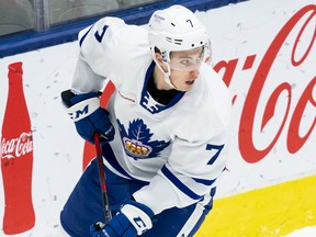 Marlies defenceman Filip Kral skates during a game against Springfield Thunderbirds last night in Toronto. The Marlies were able to hang on to a first period offensive outpouring which Kral had four helpers.