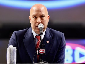 Kent Hughes speaks at news conference introducing him as the new general manager of the Montreal Canadiens, at the Bell Centre in Montreal on Wednesday, Jan. 19, 2022.