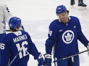 Toronto Maple Leafs Auston Matthews C was all smiles with teammate Mitch Marner RW during practice in Toronto on Sunday December 26, 2021. /