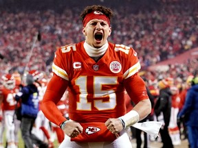 Kansas City Chiefs quarterback Patrick Mahomes takes the field before the start of the AFC Divisional playoff football game against the Buffalo Bills at GEHA Field at Arrowhead Stadium.