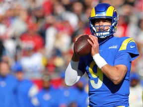 Matthew Stafford of the Los Angeles Rams looks to pass in the fourth quarter against the Tampa Bay Buccaneers in the NFC Divisional Playoff game at Raymond James Stadium on Jan. 23, 2022 in Tampa, Fla.