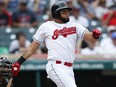Melky Cabrera of the Cleveland Indians hits a double during a game against the Chicago White Sox  at Progressive Field on May 30, 2018 in Cleveland.